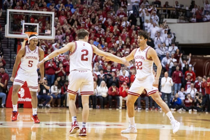 Indiana Hoosiers guard Trey Galloway (32) celebrates a basket in the first half against the Kansas Jayhawks at Simon Skjodt Assembly Hall.